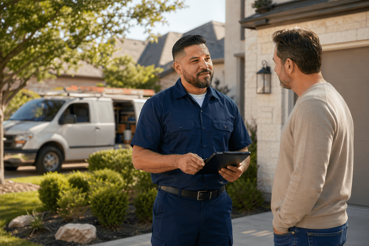 Peanut Plumbing technician reviewing service details with a homeowner outside a Central Texas home.