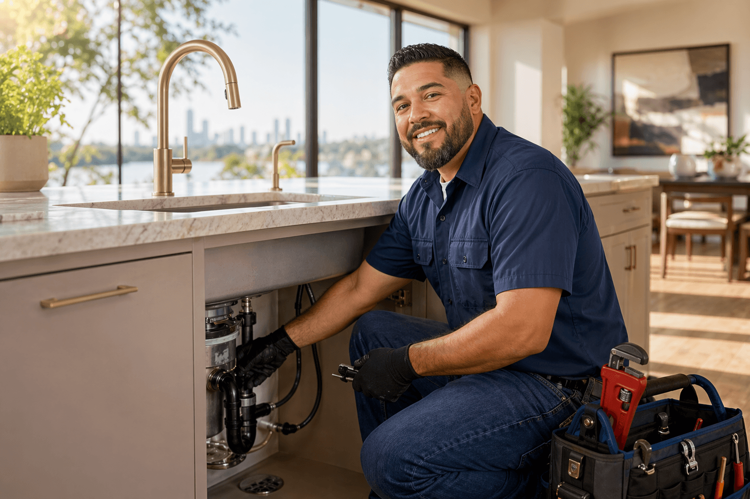 Licensed Peanut Plumbing technician working beneath a kitchen sink in a bright Austin-area home.