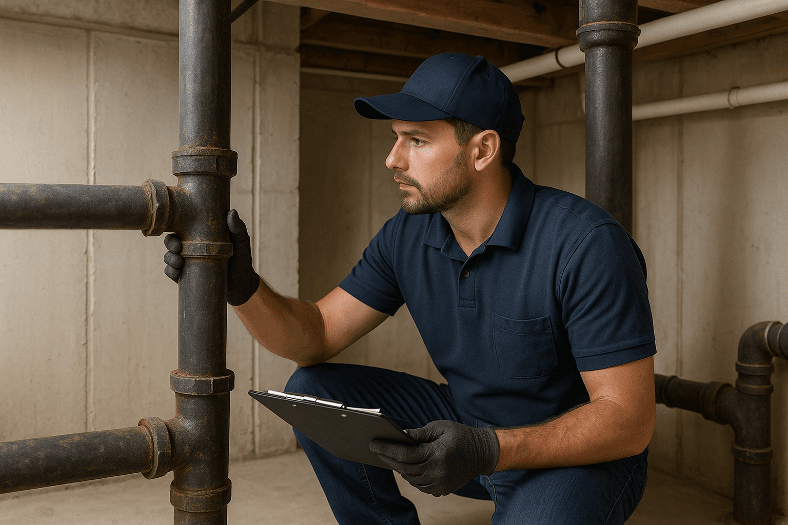 Licensed plumber reviewing a cast iron drain replacement plan inside an Austin home.