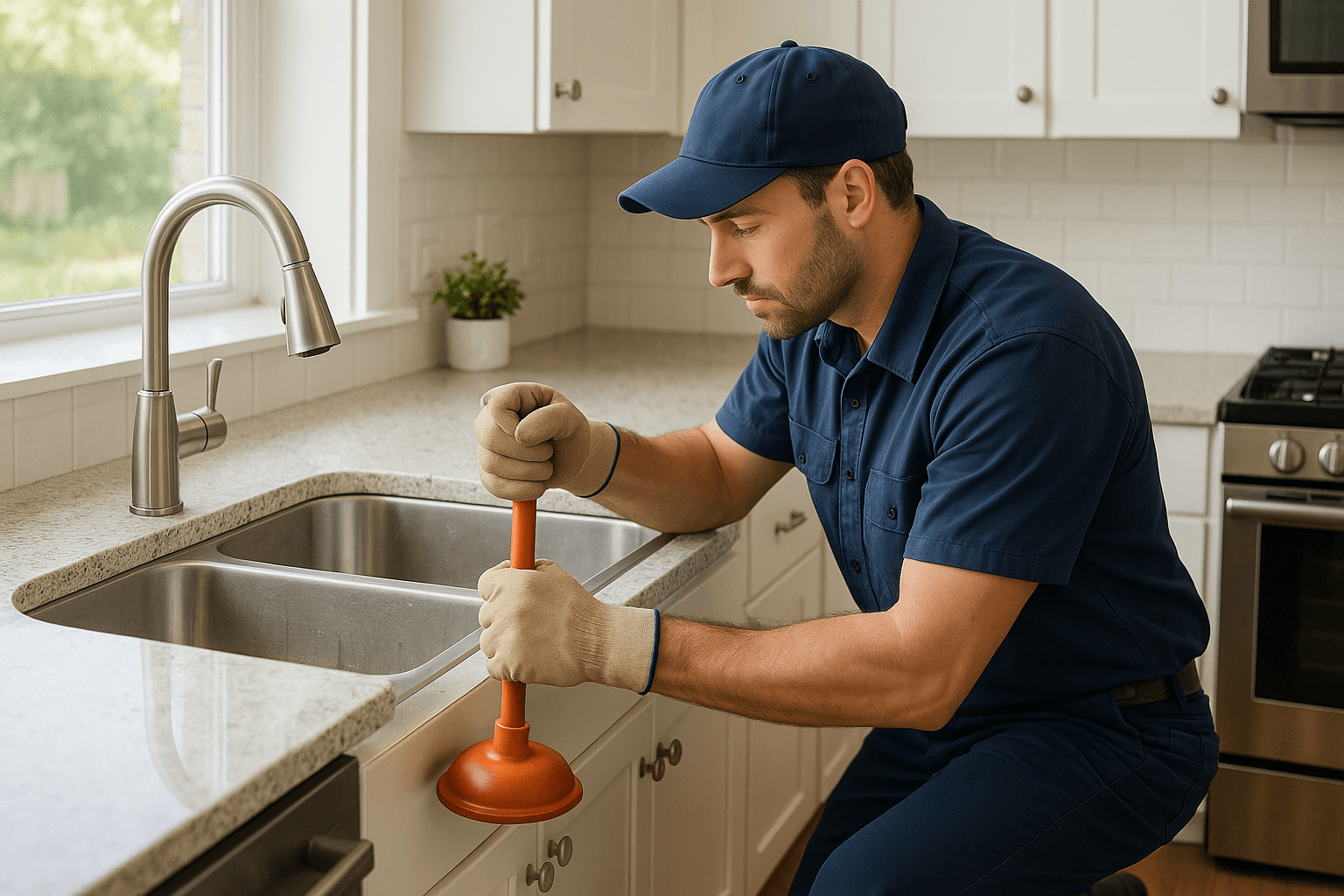 Professional plumber clearing a clogged drain in a modern Austin kitchen.