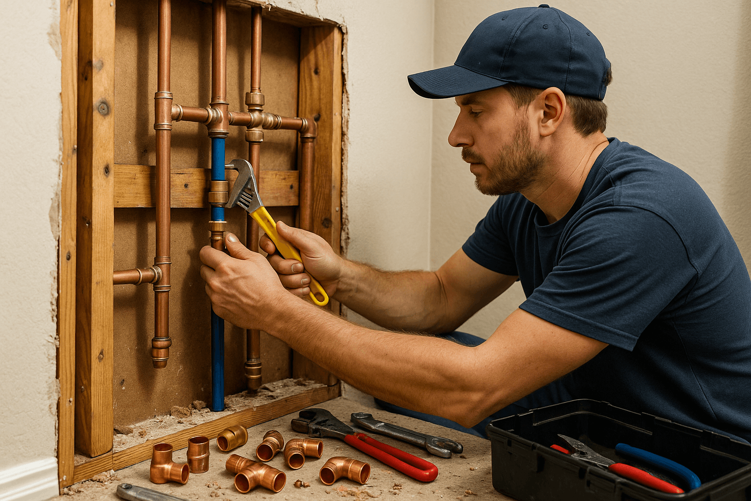 Licensed plumber repairing a residential water line connection in Austin.